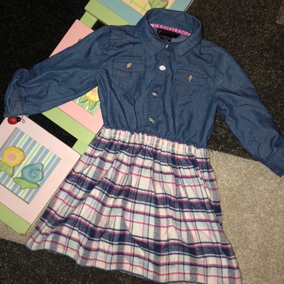 ☠️5/$20☠️GIRLS RULE | GIRLS COLORBLOCK PLAID DENIM LONG SLEEVE DRESS 24 M - Picture 1 of 8